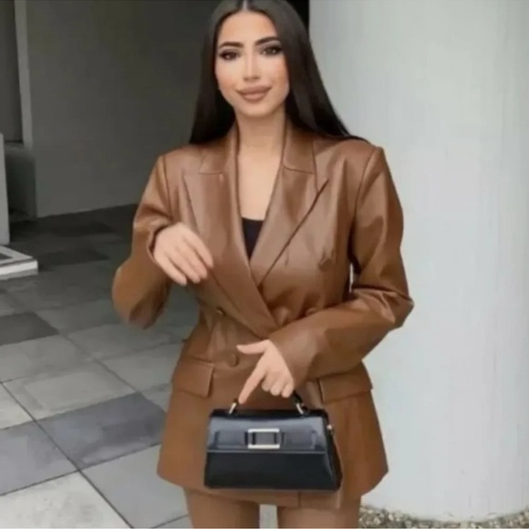 Zara Brown Double-breasted Faux Blazer Brandy Jacket Blazer, NWT - Picture 2 of 12